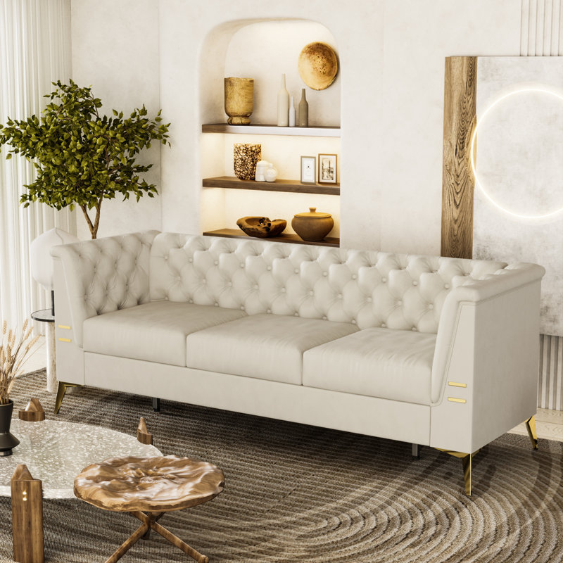 Canapé Chesterfield Tharyn, Velours beige