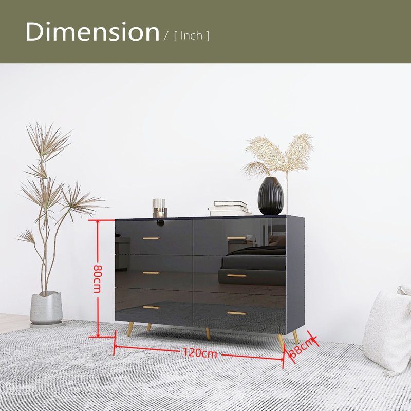 Commode 6 tiroirs très brillante avec poignée dorée et pieds en acier doré