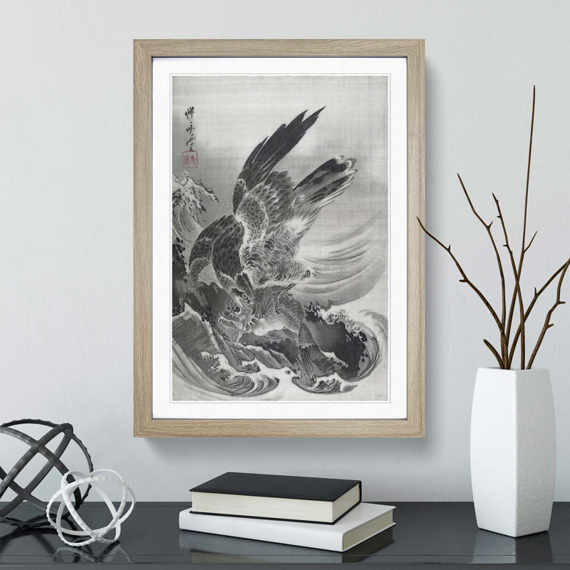 Eagle Attacking Fish by Kawanabe Kyosai - Picture Frame Painting Print, 48cm H x 36cm W x 2cm D, Oak Framed