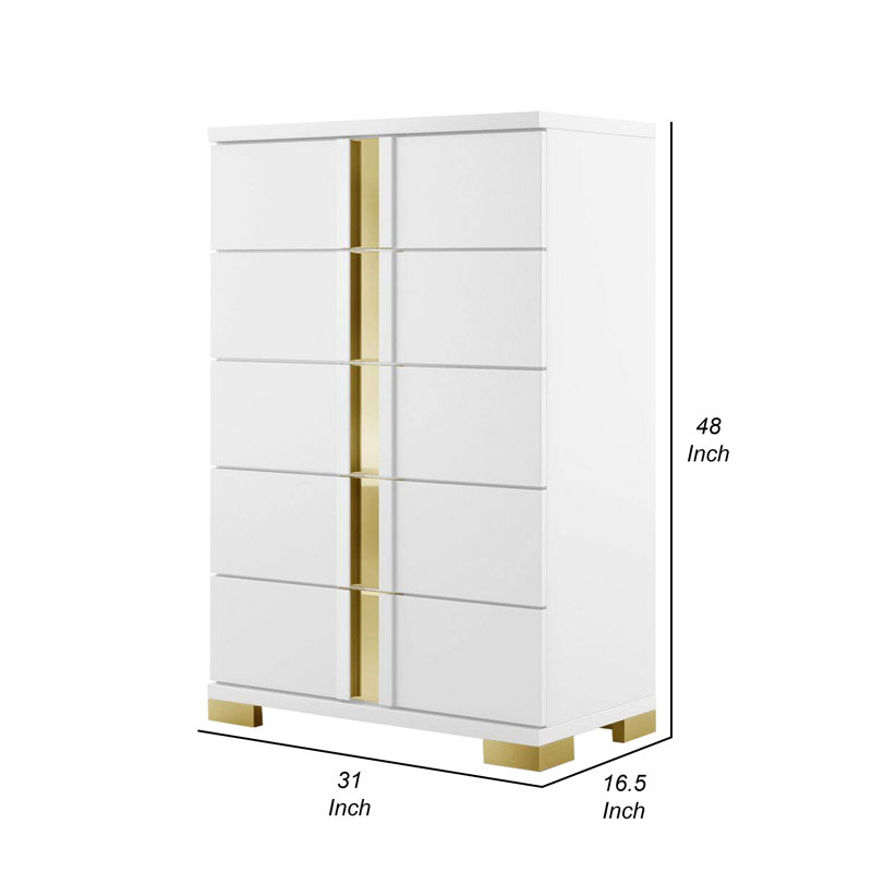 Commode haute Yoki, 5 tiroirs, blanc glamour moderne et or, Blanc / Doré