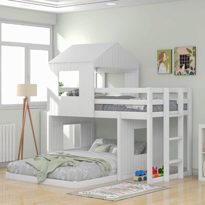 Lit superposé simple en bois sur lit double, lit mezzanine avec maisonnette, maison de campagne, échelle et garde-corps