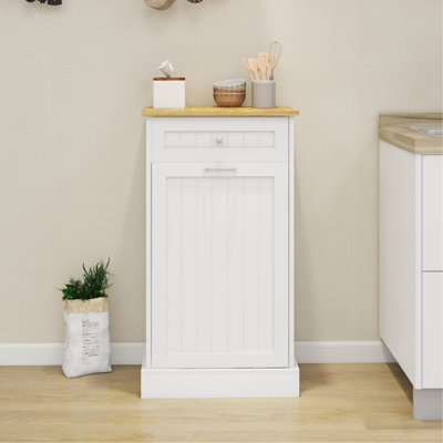 Inclinez un tiroir et une armoire-poubelle blanche E1, convenant à un îlot de cuisine, pouvant être utilisée comme boîte de recyclage, pouvant contenir des aliments pour animaux de compagnie, des pots de 10 gallons à finition peinte, bloque les odeurs, placez le café sur le dessus,