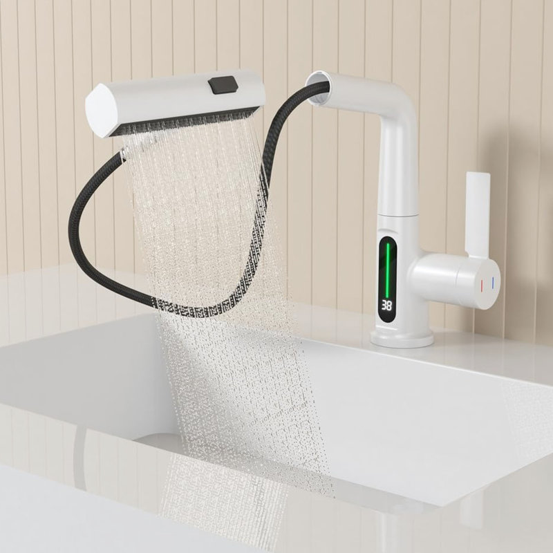 Robinet de lavabo escamotable blanc avec indicateur de température à DEL - rotatif à 360 °, 31 modes de bec, réglable en hauteur, lavabo, rotatif, à hauteur, robinet