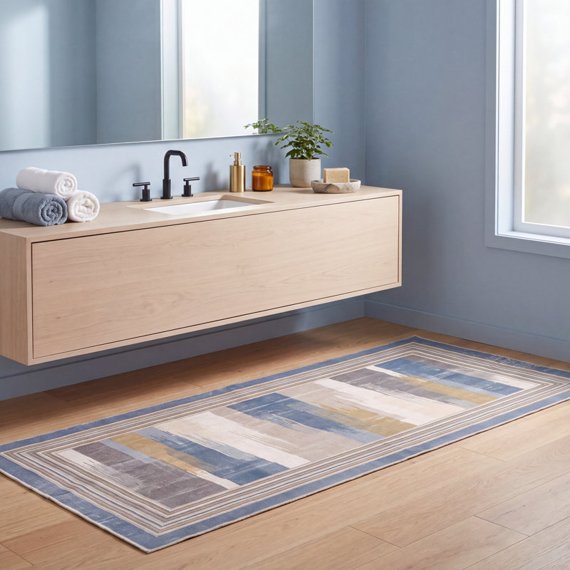 Tapis Orchard moderne à rayures effet pinceau, bleu, gris, or, crème, ivoire, lavable en machine, antidérapant, à poils courts, pour intérieur et extérieur, adapté aux animaux domestiques, salon, chambre, salle à manger, entrée, couloir, bureau