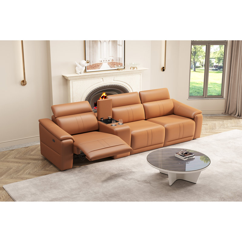 Canapé modulaire en cuir 4 pièces avec 2 porte-gobelets et canapé modulaire confortable pour le salon, Brown Faux Leather
