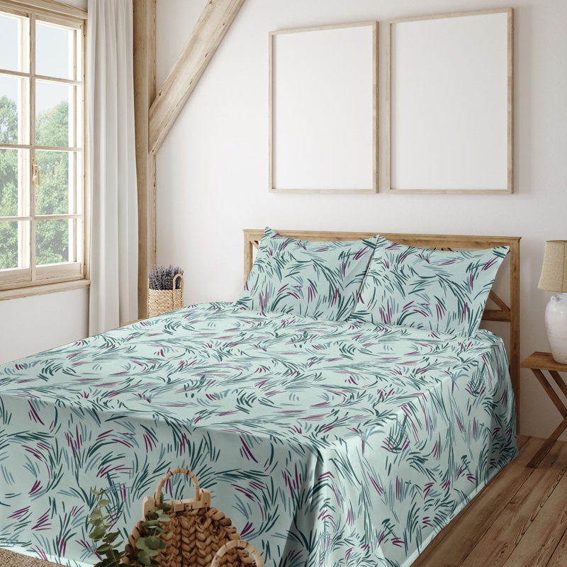 Ambesonne Abstract Sheet Set Minimal Swirly Dash Lines Mint Green and Cadet Blue, Calking Sheet Set with 2 Pillowcases
