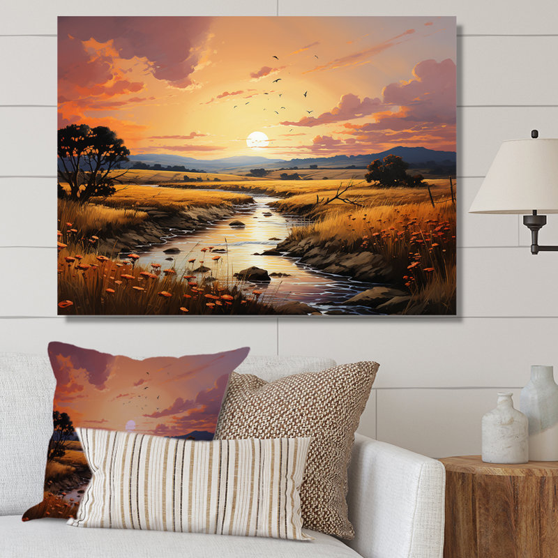 «Prairies Landscape Fusion At Sunset» sur toile, White Picture Framed, H 34 po x l 44 po