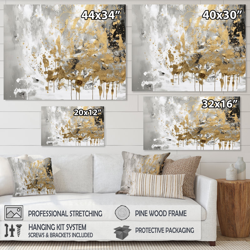 «Croll White and Gold Modern Abstract», reproduction sur toile, H 34 po x l 44 po x P 1,5 po, Toile tendue