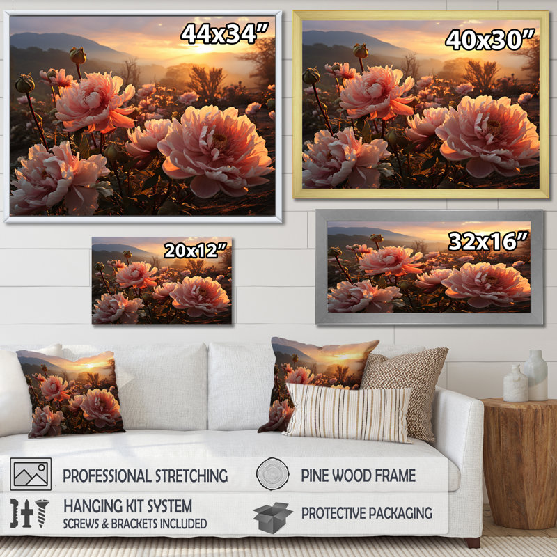 Champ de pivoines radieuses au lever du soleil, Toile tendue, 16" H x 32" W