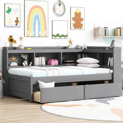 Lit simple en L avec bibliothèques et prises de courant en forme de L, 2 tiroirs - Lit moderne pour chambre à coucher, gris, ports, style