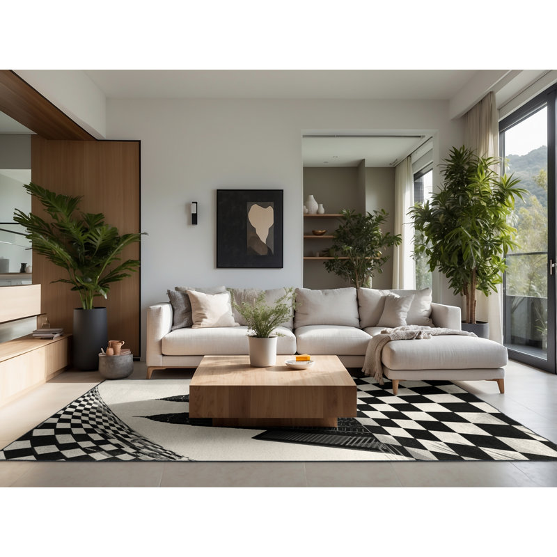 Soft Plush Garrett Kuala Lumpur Petronas Towers Modern Checkered Area Rug in Beige – Black Binding, 7x9