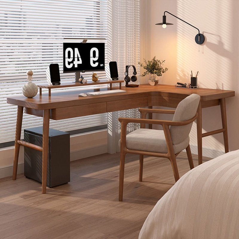Bureau d'écriture brun en L en bois massif avec 3 tiroirs, H 29,53 po x l 62,99 po x P 47,24 po, Retour à droite