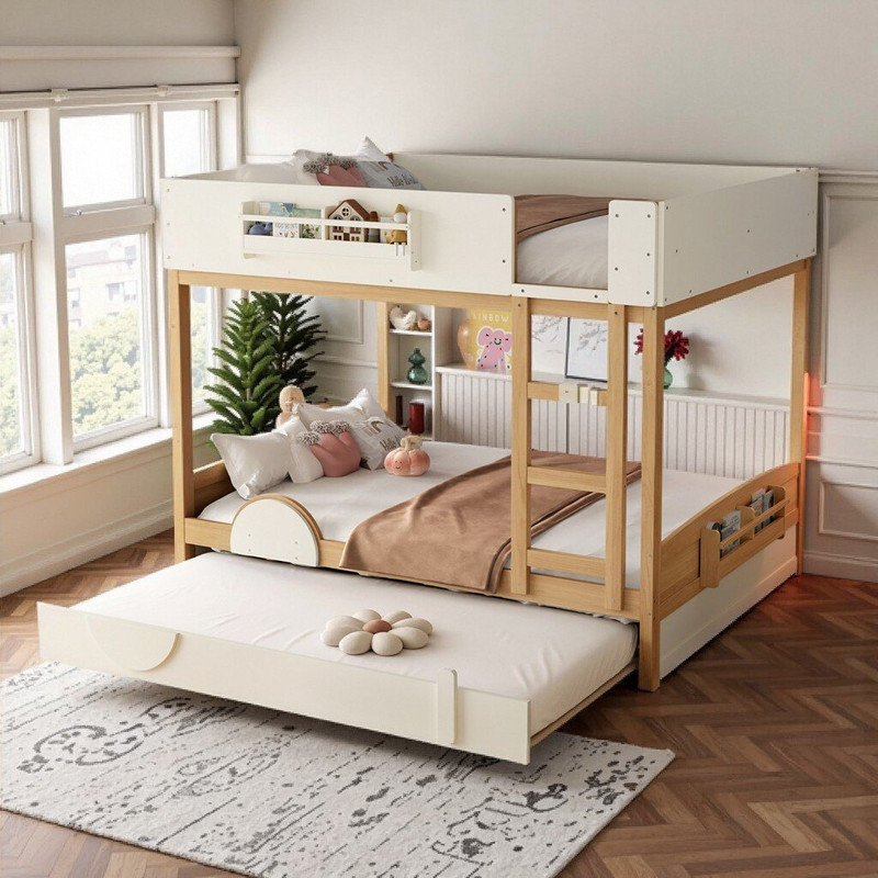 (Queen Over Queen\Full over Full)Pine Wood Kids Bunk Bed With Trundle, Bookshelf, Queen Over Queen, Natural+Beige