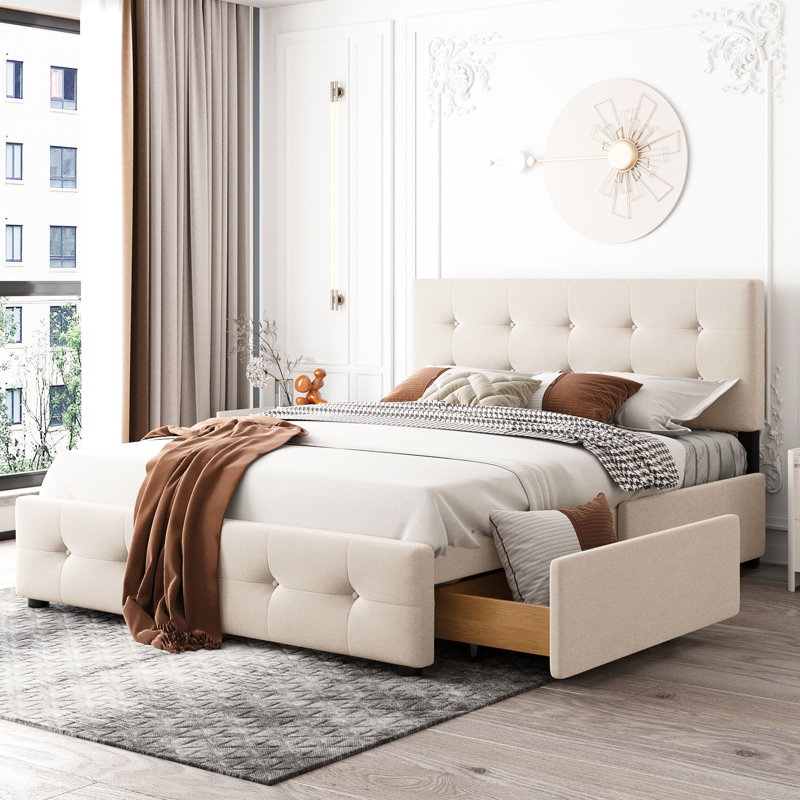 Beige Upholstered Platform Bed With 4 Drawers And Button Headboard, No Box Spring, Solid Particle Board Frame Queen Size Elegant Appeal -