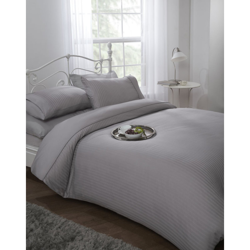 Satin Striped Duvet Cover Set with Pillow Shams, Grey, Double Duvet Cover + 2 Standard Pillowcases