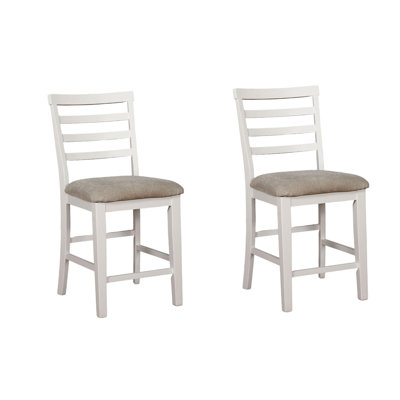 Chaises de salle à manger à hauteur de comptoir en bois massif 2 pièces, blanc, dossier, sièges rembourrés taupe, chaises de mobilier rustique transitionnel pour 2 personnes, bois, coussins de siège rembourrés, style élégant