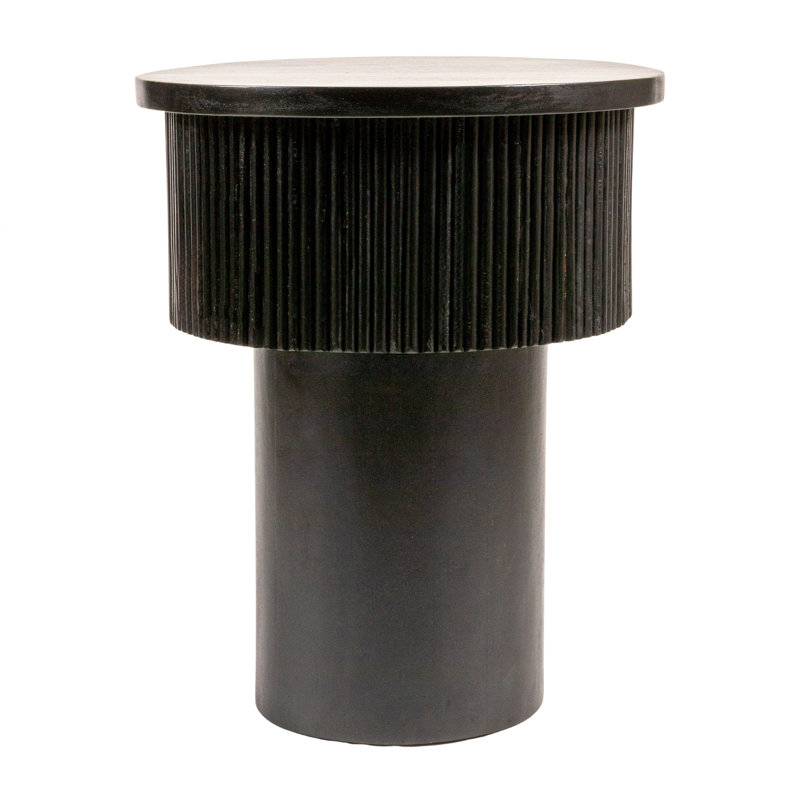 Round Mango Wood Tiered Pedestal Side Table with Ribbed Details