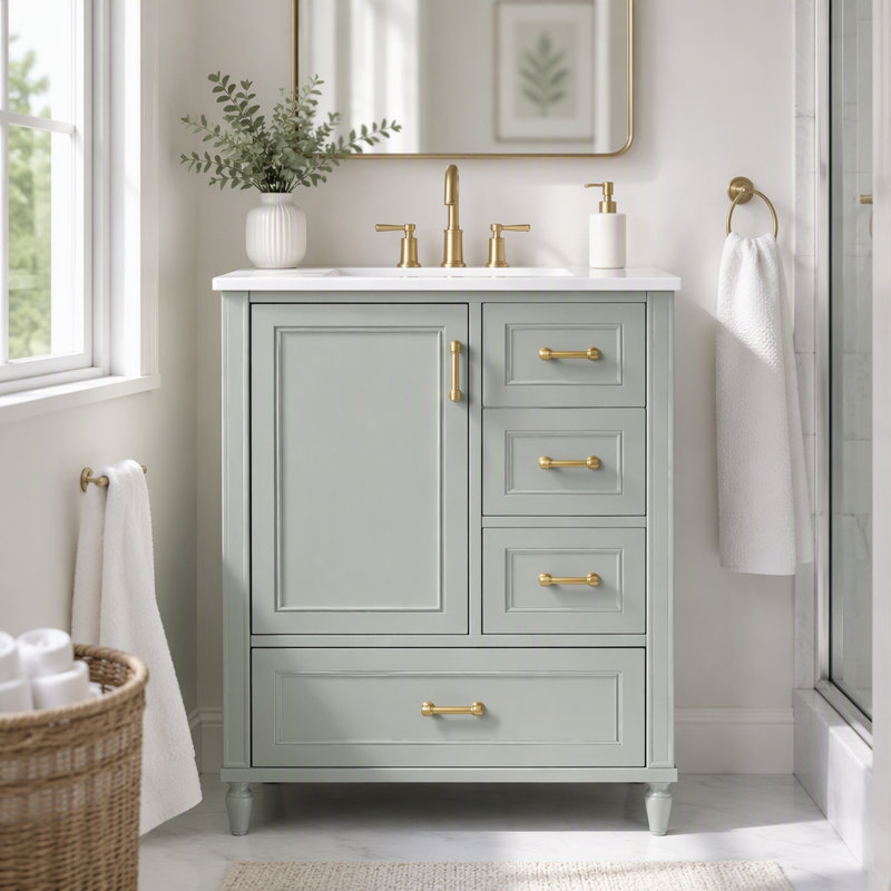 Meuble-lavabo moderne de 24 po avec lavabo en céramique, porte à fermeture douce, 3 tiroirs, poignées dorées et support de porte pour un rangement peu encombrant