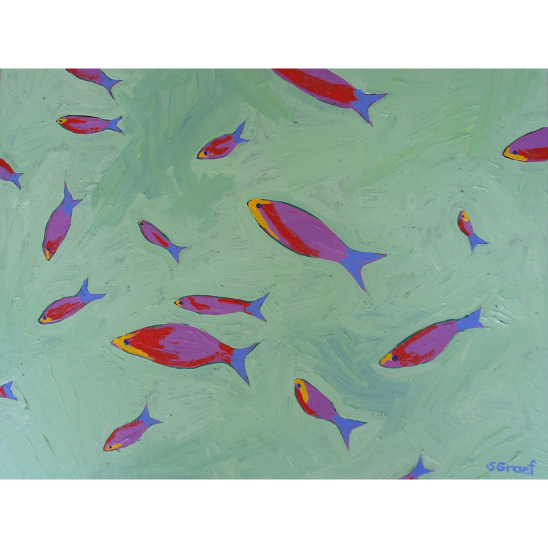 «Natation poisson» par Sue Graef - peinture encadrée, Papier avec cadre noir, 16" H x 20" W