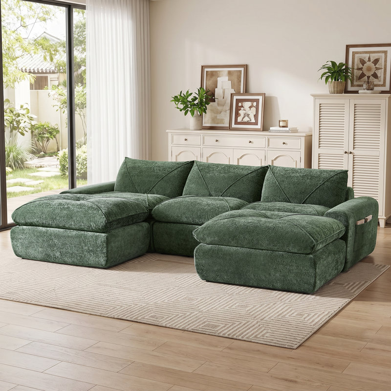 Canapés modulaires Boneless, Chenille verte, Forme en U (5 sièges)