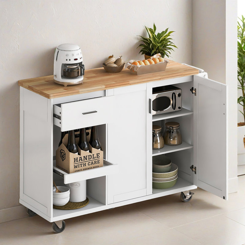 Îlot de cuisine 49,04 po avec comptoir pliable, chariot de rangement roulant avec tablette coulissante, porte-serviettes et tiroir pour la cuisine et le salon