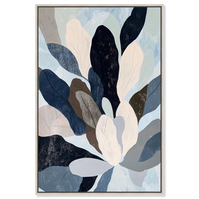Overlapping of Leaf IV Canvas Print Blue Wall Decor by Art Remedy, Silver Frame, 24 x 36