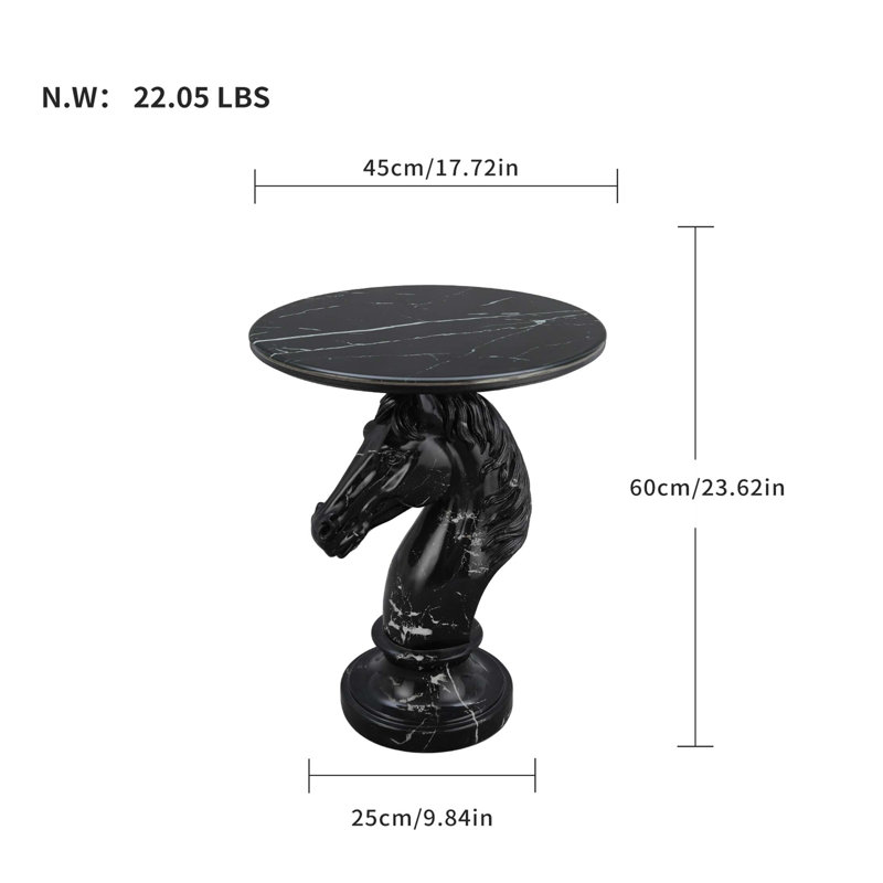 Table d'appoint élégante avec tête de cheval et plateau en faux marbre