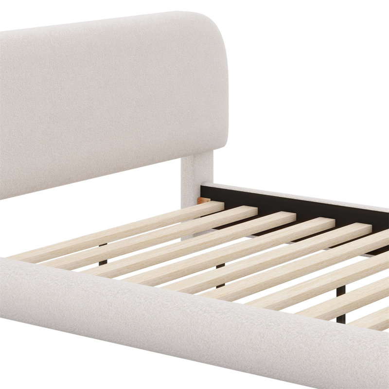 Lit plateforme tapissier, structure solide et design courbé élégant, Beige
