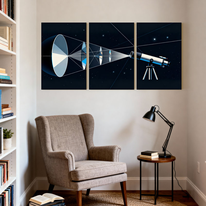 «Telescope Optics», ensemble de 3 reproductions d'art sur toile tendue sur toile pour la décoration de bureau ou de classe
