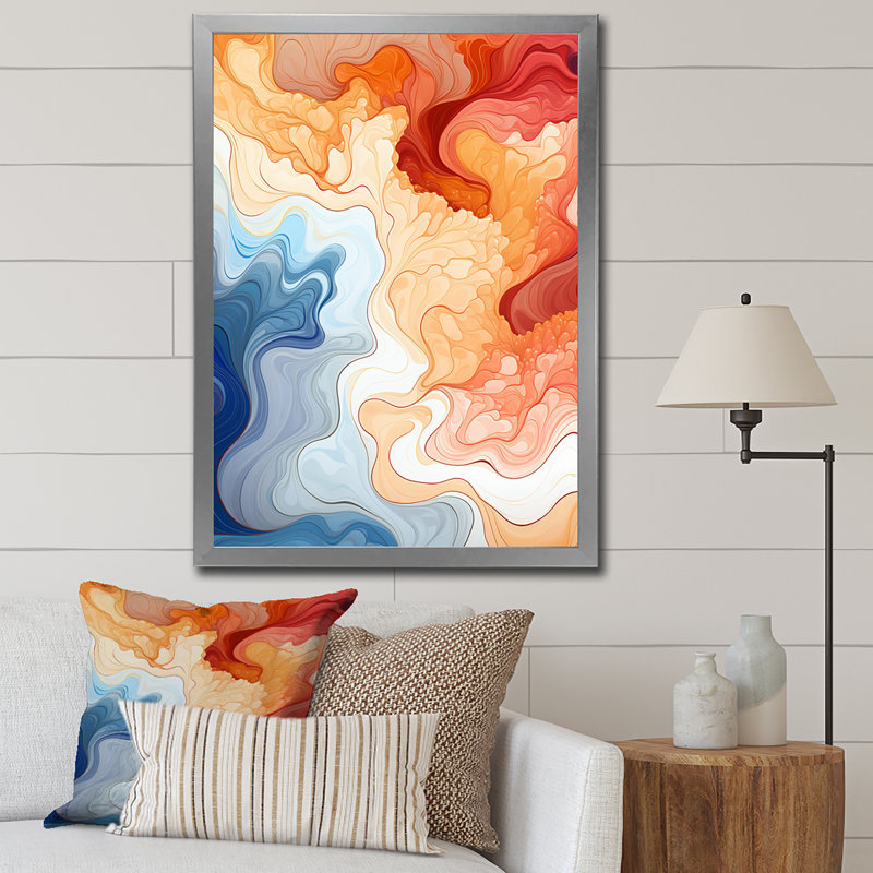Vagues d'aquarelle bleues, orange et rouges, Cadre simple argenté, H 32 po x l 24 po x P 1 po