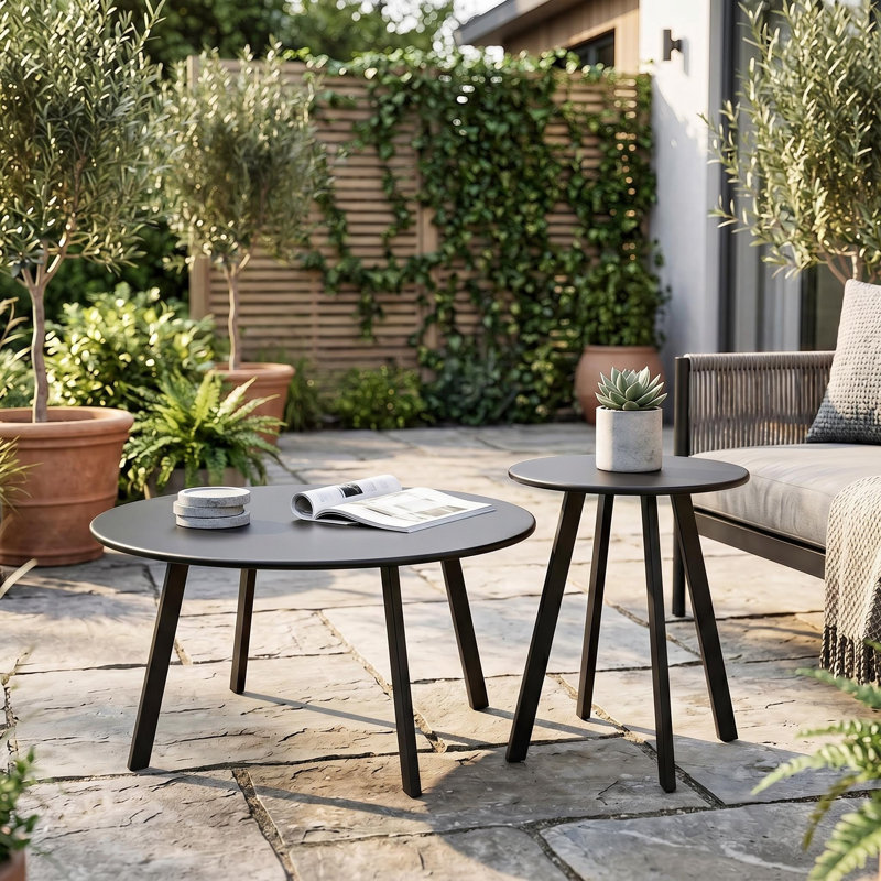 Ensemble de tables basses gigognes 2 pièces, tables d'appoint en métal noir pour l'extérieur