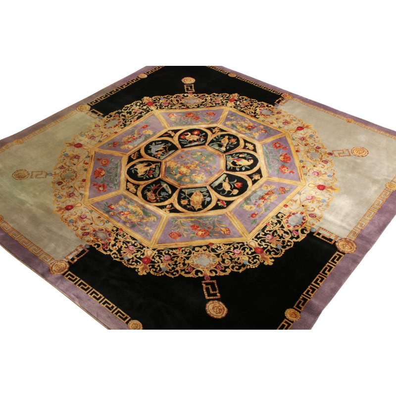 Wool Oriental Area Rug in Black, Gold, Green, Purple