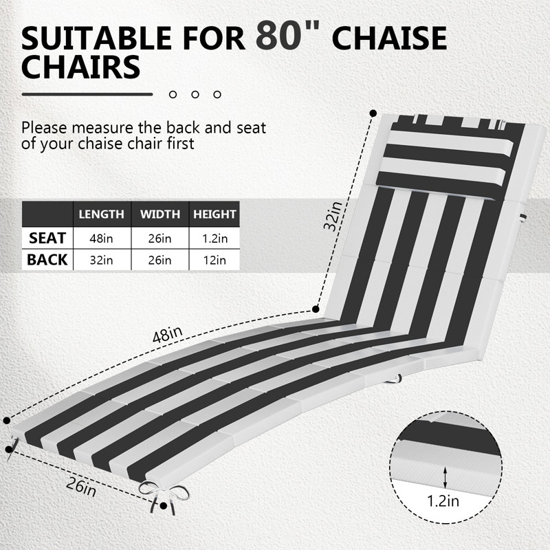 80''L X 26''W X 1.18''T Chaise Lounge Cushion Outdoor, Black and White Stripe