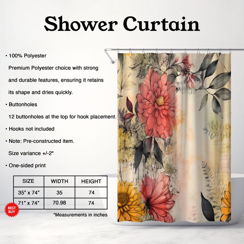 Rideau de douche Shabby Flowers - Premium, H 74 po x l 71 po