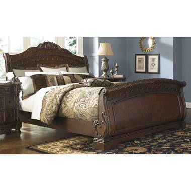 Louis Philippe Solid Wood King Sleigh Bed - Cognac