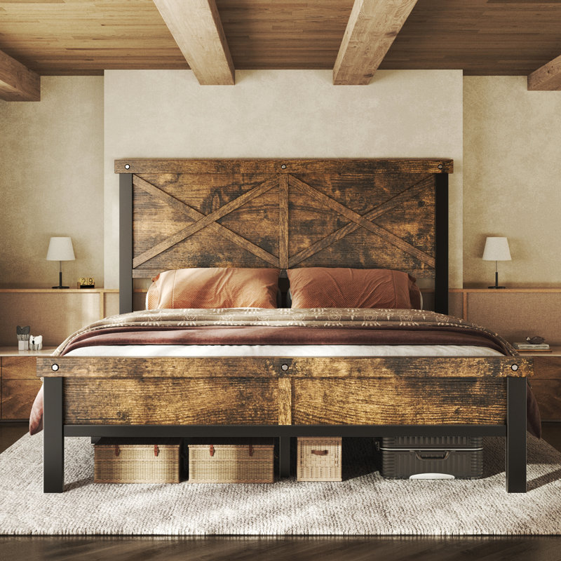 Farmhouse Twin Size Bed Frame with 51.2" Tall Geometric Headboard,Modern Platform Bed with Under Bed Storage, All-Metal Support System, No Box Spring Needed, Easy Assembly,Rustic Brown