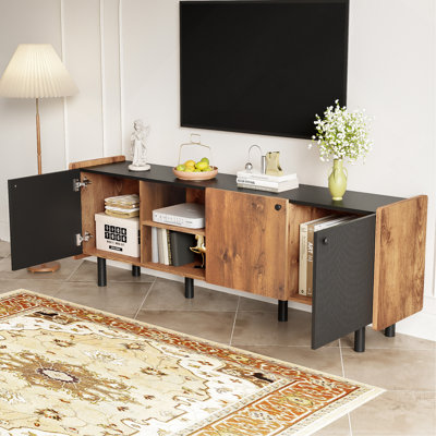 Meuble télé Mid-Century avec 3 armoires, console multimédia pour téléviseur de 70 po ou moins, rangement spacieux et design durable pour la vie moderne