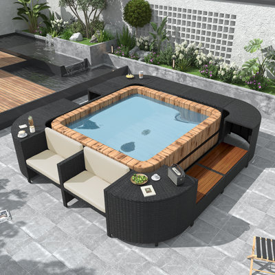 Spa Surround Spa Frame Quadrilateral Outdoor Rattan Sectional Sofa Set With Mini Sofa, Wooden Seats And Storage Spaces For 74” Portable Spa