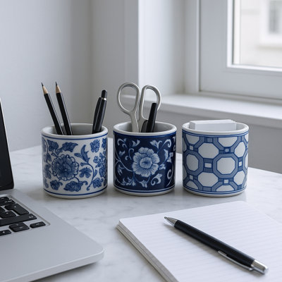 Storage Containers Stoneware Ceramic Floral Geometric Design Home Office Bedroom Living Room Set Of 3 - 4" Blue & White