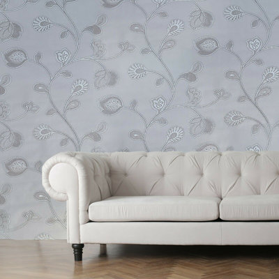 Hendley Gray Silver Metallic Paisley Floral Tree Leaves Faux Fabric Wallpaper