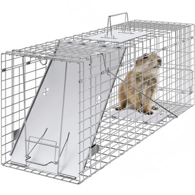 Live Animal Cage Trap, 31" X 10" X 12" Humane Cat Trap Galvanized Iron, Folding Animal Trap With Handle For Rabbits, Stray Cats, Squirrels, Raccoons, Groundhogs And Opossums