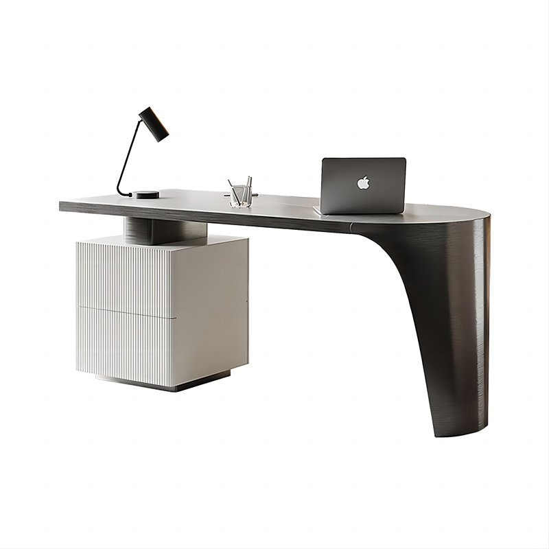 Gray Half-circle Sintered Stone Stainless Steel Desk,2-drawr, 29.53" H x 70.87" W x 27.56" D