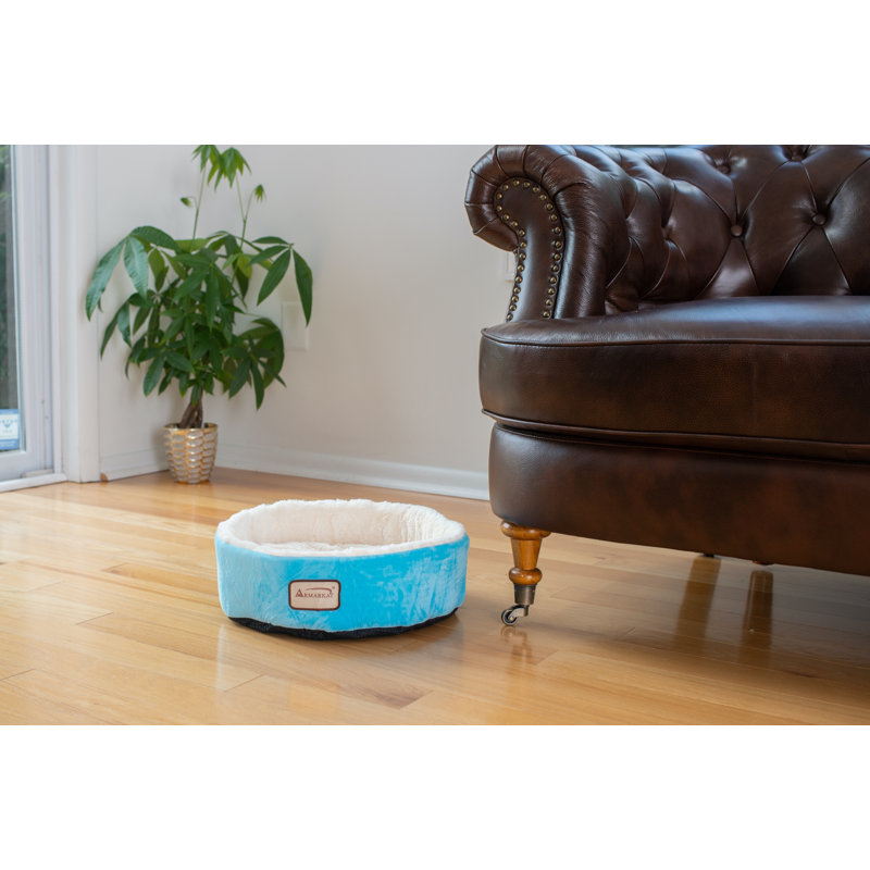 Sky Blue and Ivory Velvet Round Cat Bed