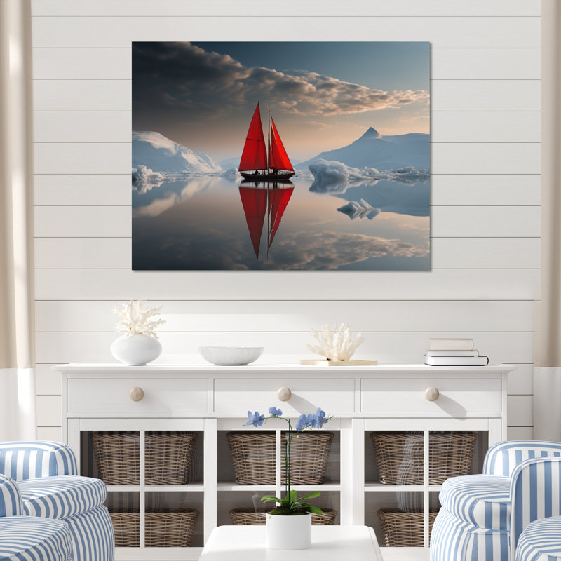 Voilier rouge arctique - impression sur toile, Cadre simple blanc, H 16 po x l 32 po x P 1 po