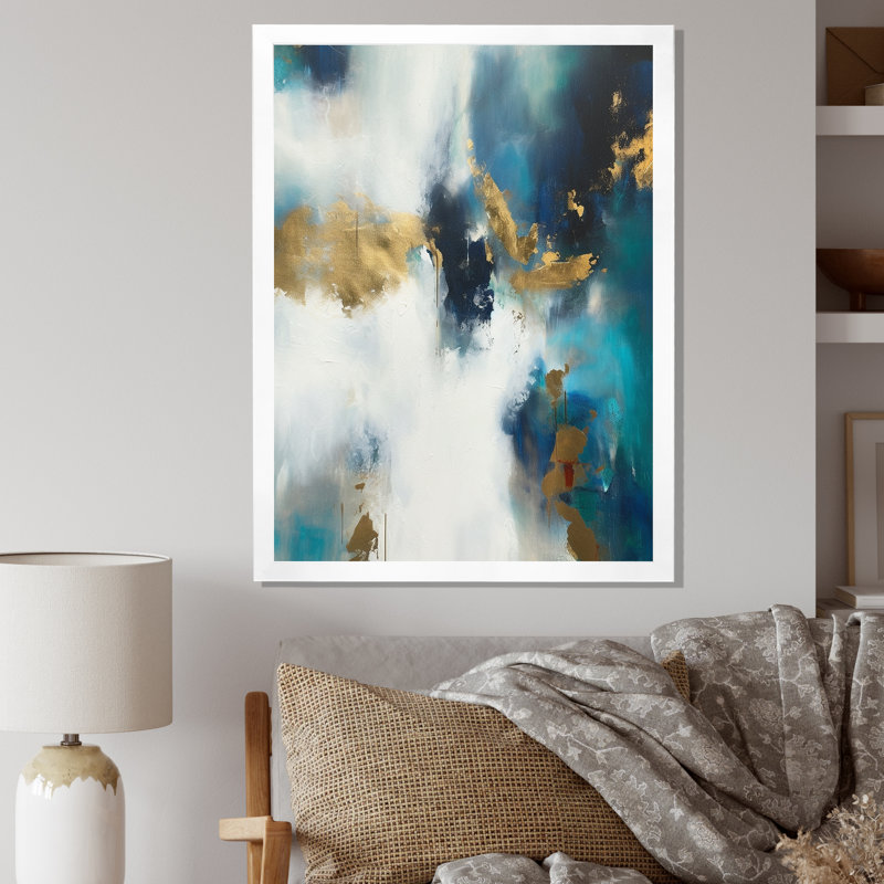 Indigo Awakening abstrait en bleu et or I sur toile, H 20 po x l 12 po x P 1 po, Cadre photo blanc