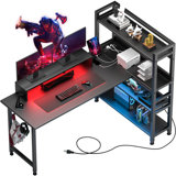 Gaming L Shaped Computer Desk, 55" Home Office Desk with Shelves, L Shape Computer Corner Desk with Charging Port, Gaming Table Power Outlet Build in, LED Writing Desk with Monitor Stand Black