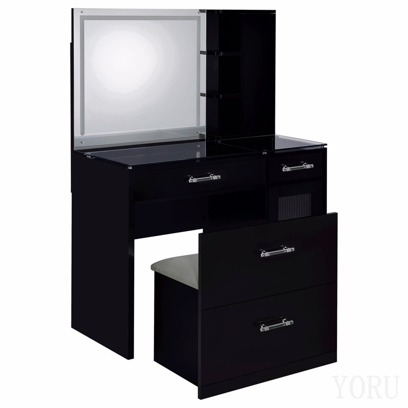 Coiffeuse de maquillage noire à 2 tiroirs avec miroir et tabouret, Black
