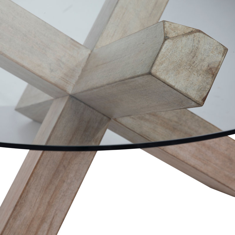 Jaonte Pine Round Glass Top Solid Wood Base Dining Table