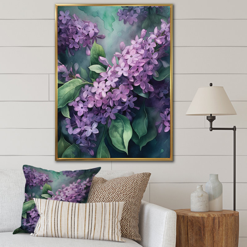 Fleurs de lilas vertes parfumées II, H 32 po x l 16 po x P 1 po, Cadre flottant doré