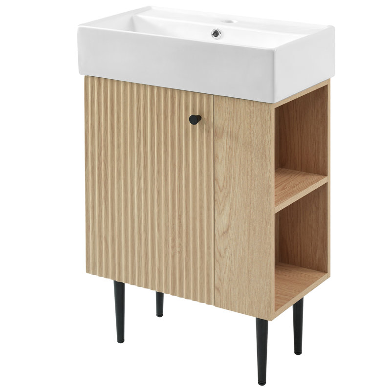 Armoire de salle de bain en bois 21,6 po avec lavabo en céramique, rangement à droite, structure en métal, finition triple couche à fermeture en douceur, charnières